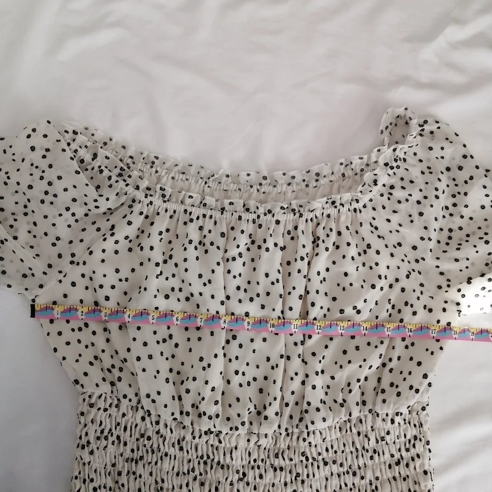 By Anthropologie Lucia Off the Shoulder Smocked Blouse White Polka Dot Large - Picture 14 of 16